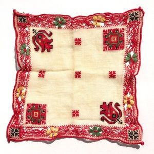 vintage embroidered handkerchief square red flowers green yellow